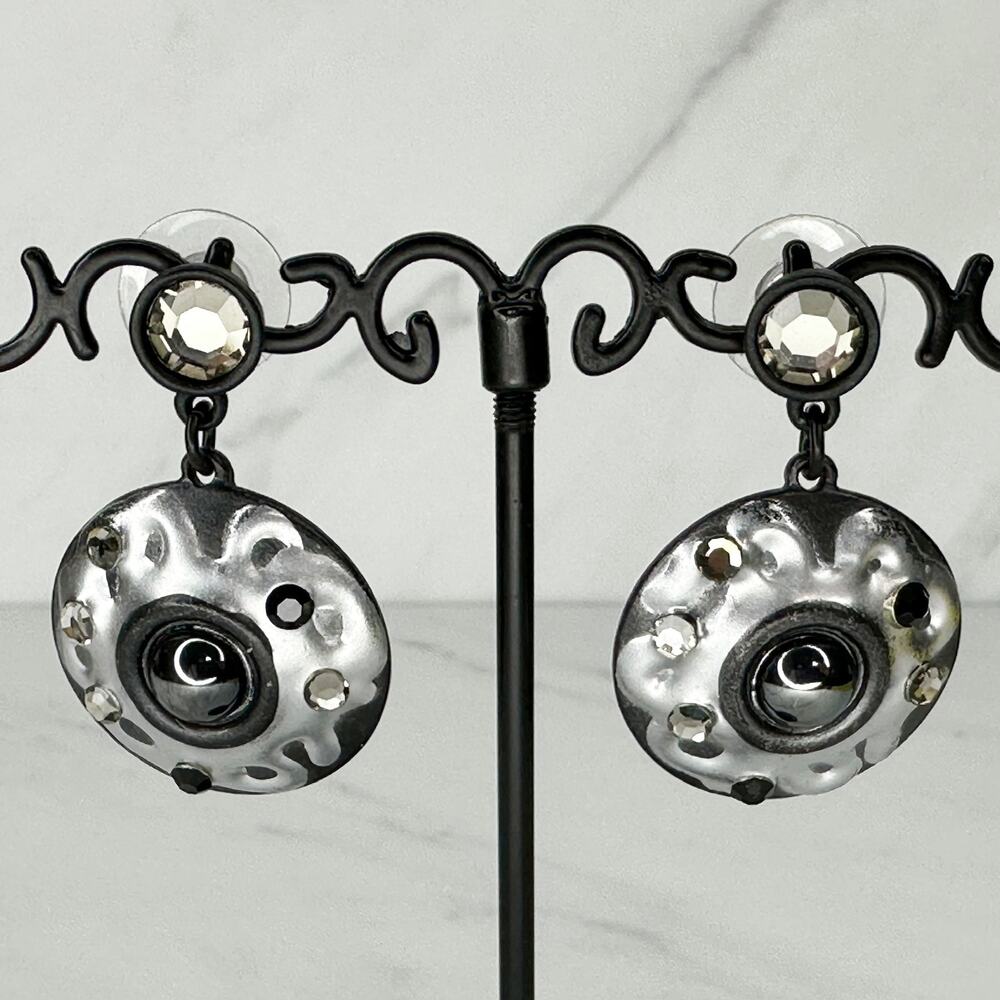 Chico's Rhinestone Disc Drop Earrings Black Silver ✨